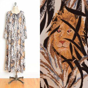 vintage 70s maxi dress jungle cat lion tiger print draped caftan hippie boho M L